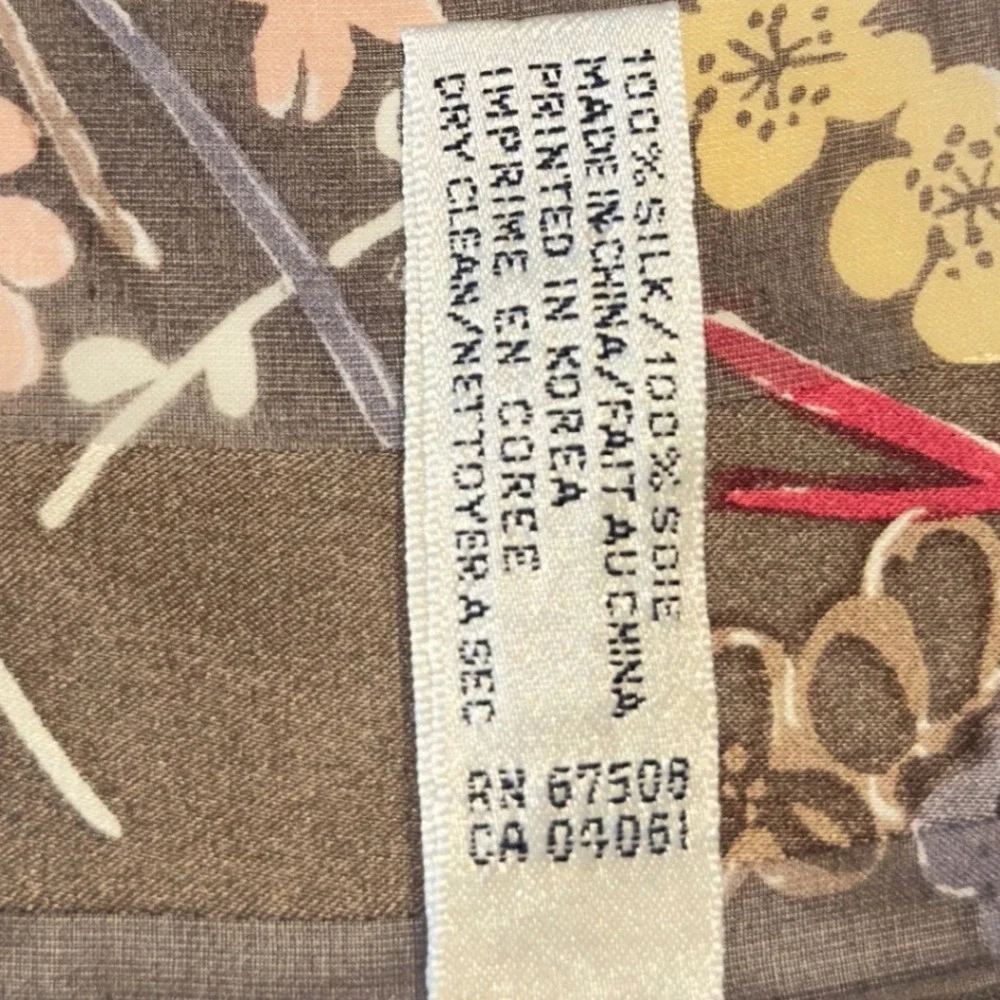 Floral Silk Square‎ Scarf Brown Red Sheer Printed in Korea Vintage 90s Y2K